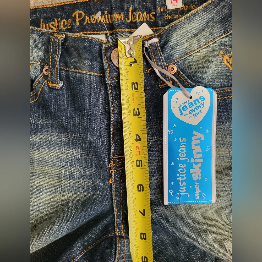 Justice Premier Jeans Girls 14 Slim 14S Dark Wash Super Skinny Denim Jeans Patch